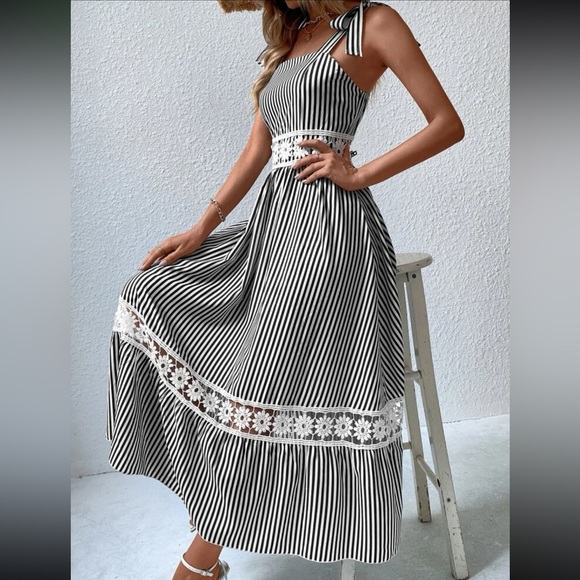 Boho Stripes Floral Lace Strap Tie Shoulder Cami Maxi Dress - Picture 2 of 12